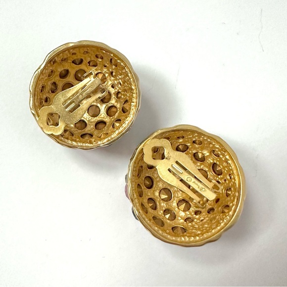 Vintage 80's Blanca Signed Earrings Multi Jewel Rhinestone Crystals Gold Clip-On - Picture 6 of 9